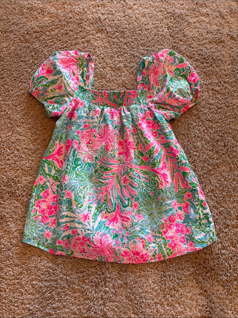 Lilly Pulitzer Pink & Green Floral Puff-Sleeve Linen Top